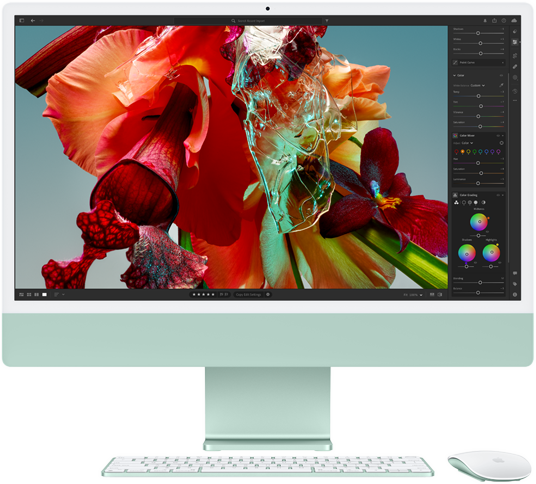 iMac screen showing a colourful flower seen in Adobe Lightroom to demonstrate the colour range and resolution of the 4.5K Retina display.