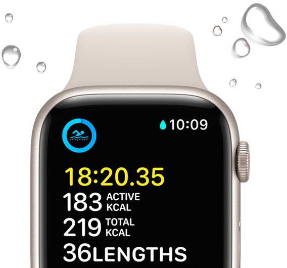 Apple Watch SE displaying a swim workout screen with water droplets framing the device.