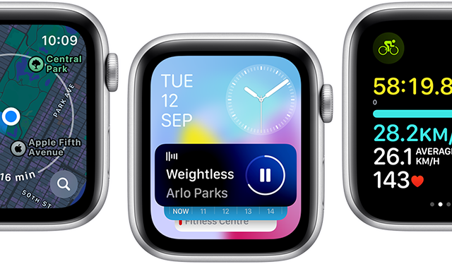 Front view of Apple Watch SE screens displaying various updated app screens.